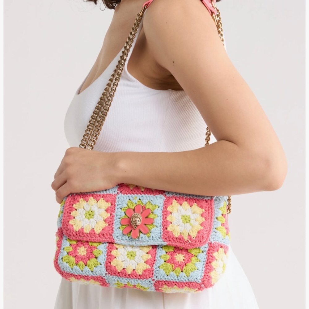 Kurt Geiger Pink Blue Yellow Crochet Floral Shoulder Bag